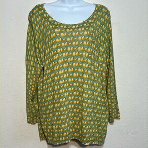 Talbots Chic Button Back Teal and Yellow Pear Patterned Sweater Top Size XL